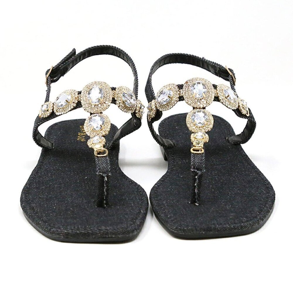 Jeweled Dark Black Denim Dressy Strap Bling Gold Accent Sandals Size 7/7.5/8/8.5 - Picture 7 of 12